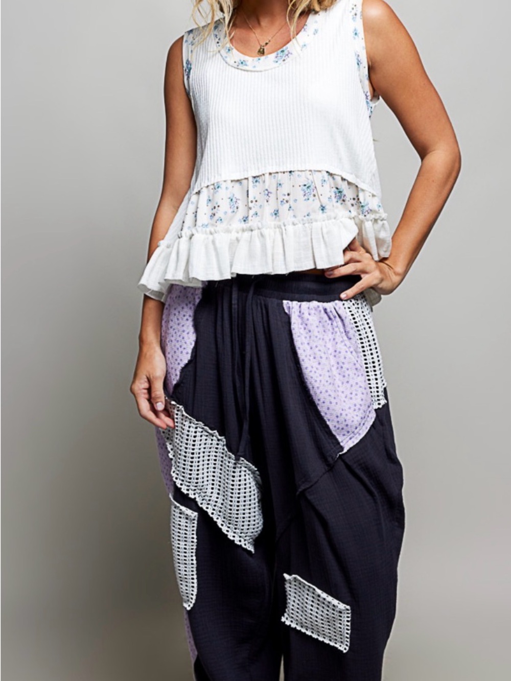NEW POL Boho Patchwork Pants with Lavender Accents